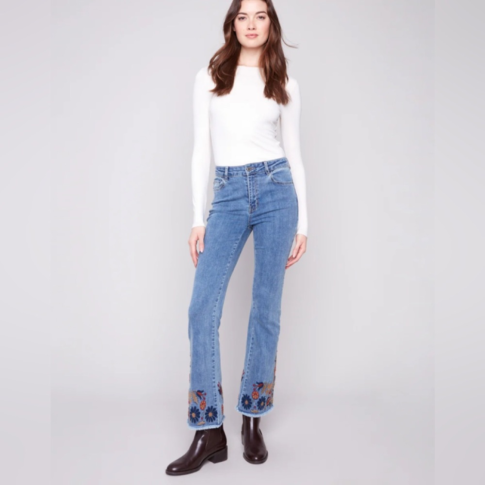 Flare Leg Jeans With Colorful Floral Embroidery Medium Blue